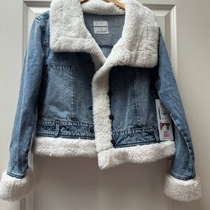 Celebrity Pink Light Blue Denim Jacket with White Sherpa Trim